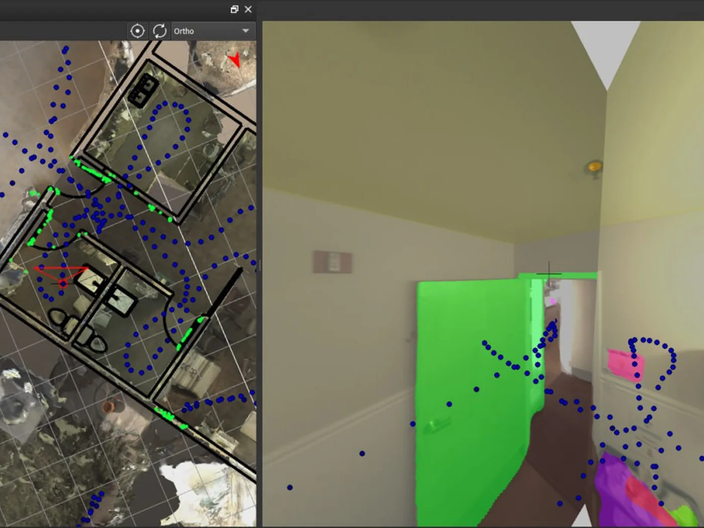 Indoor digital twin in the GeoCam viewer — floor-plan ortho and a segmented 360 interior